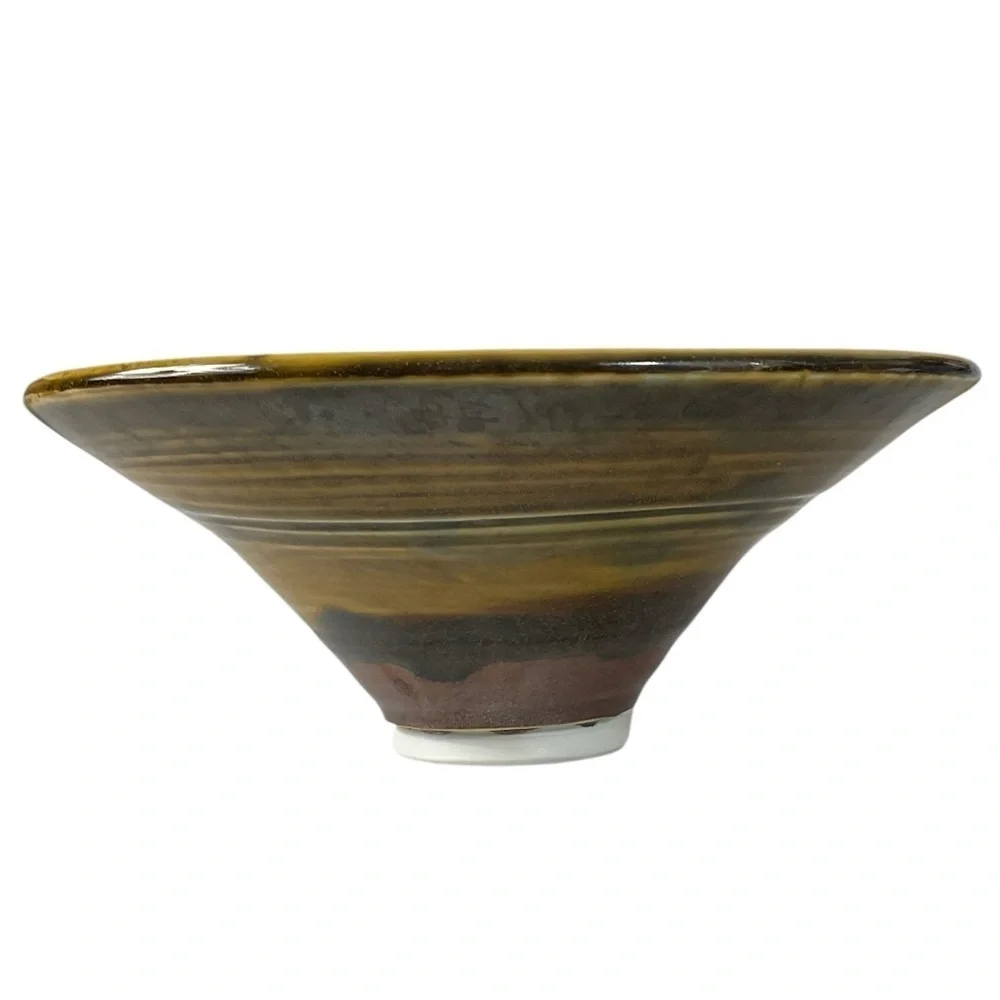 Handmade Studio Pottery Bowl Green Blue Glaze 8 3/16” Wide Tapered V Shape